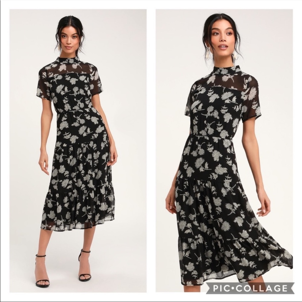 NWT Lulus Floral Dressed Up Black Floral Print Midi Dress